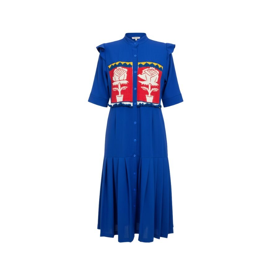 vestido largo color azul rey con bordado artesanal de san pablo tijaltepec oaxaca