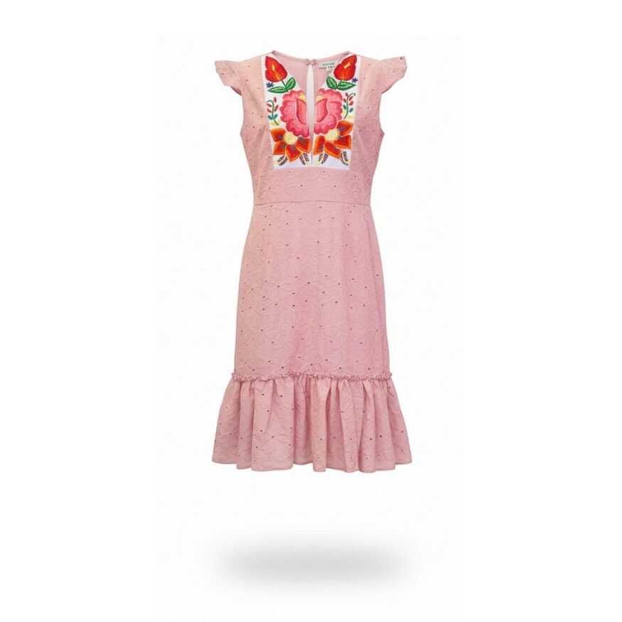 Vestido mini con bordado de flores del Istmo de Tehuantepec en pechera