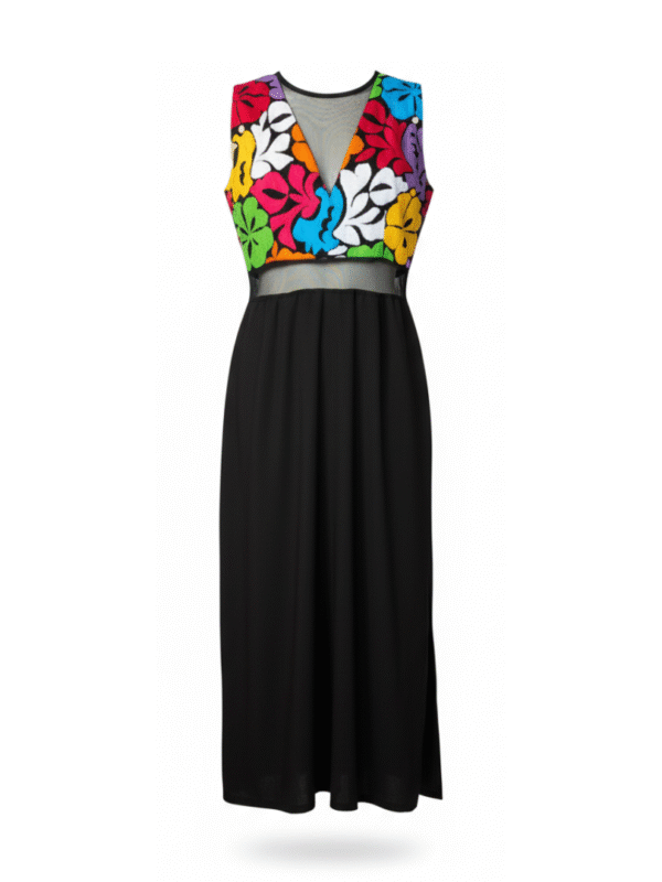 vestido largo negro sin mangas con bordado artesanal de san felipe jalapa de diaz oaxaca