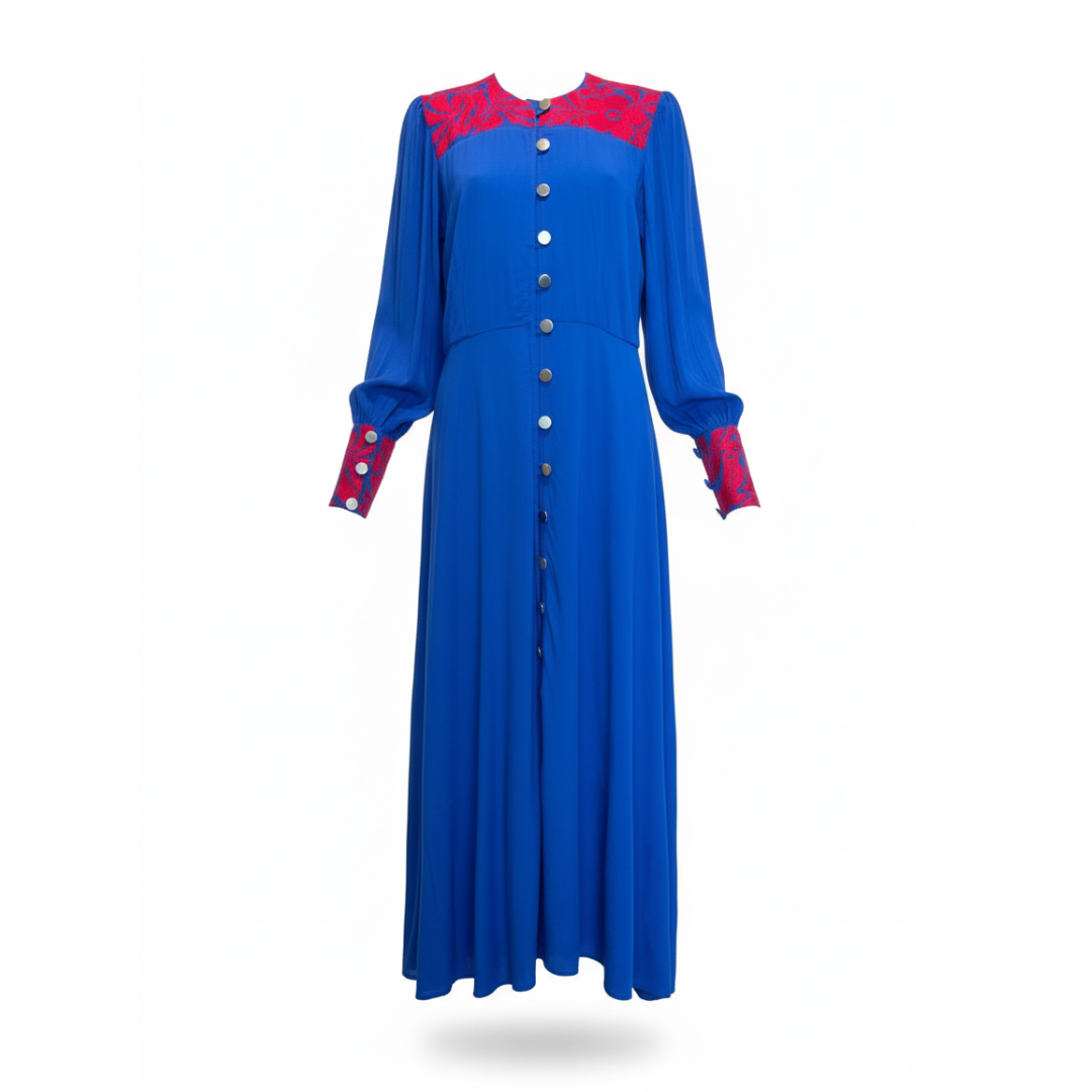 vestido largo azul rey de algodon con bordado artesanal de san felipe jalapa de diaz oaxaca