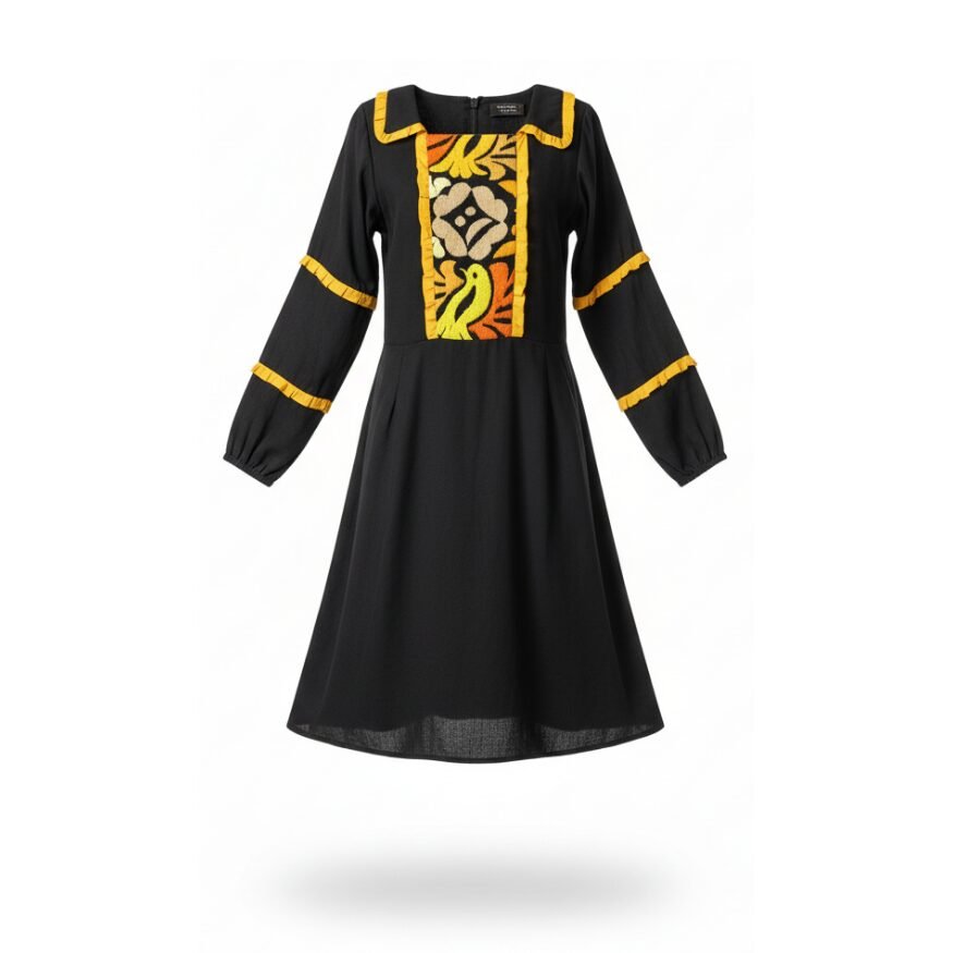 Vestido corto negro de rayón con bordado anaranjado de flores y pajaritos y detalles en olanes.