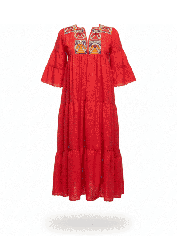 Vestido largo casual cuello redondo con mangas largas amplias y pechera bordada a mano en punto de cruz por artesanas de San Vicente Coatlán