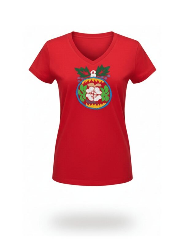 playera algodón mujer cuello v manga corta navidad bordado artesanal esfera navideña