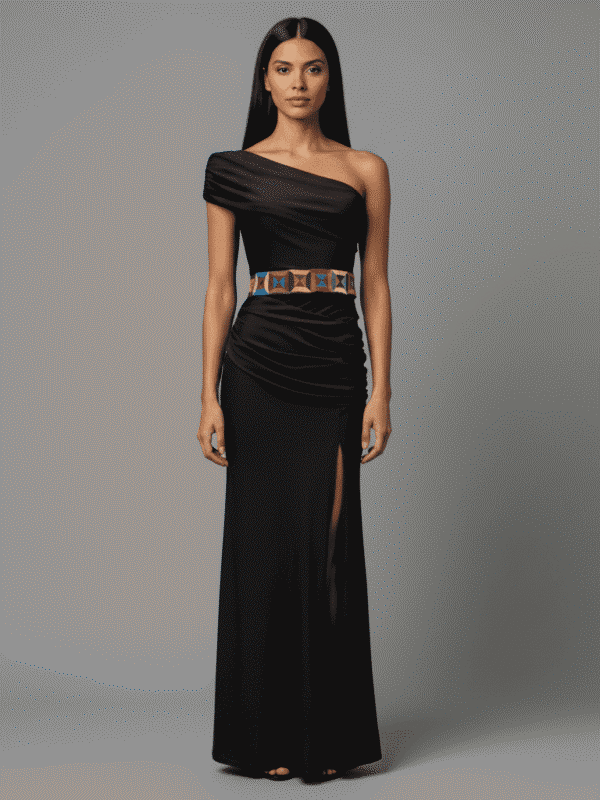 vestido largo negro satinado con cintillo bordado artesanal de santa maria huazolotitlan oaxaca