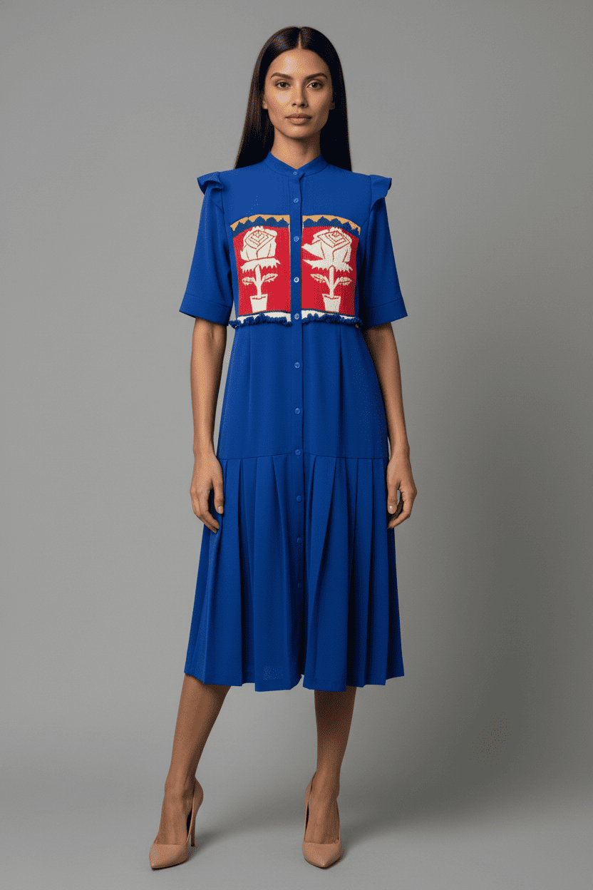 vestido largo color azul rey con bordado artesanal de san pablo tijaltepec oaxaca