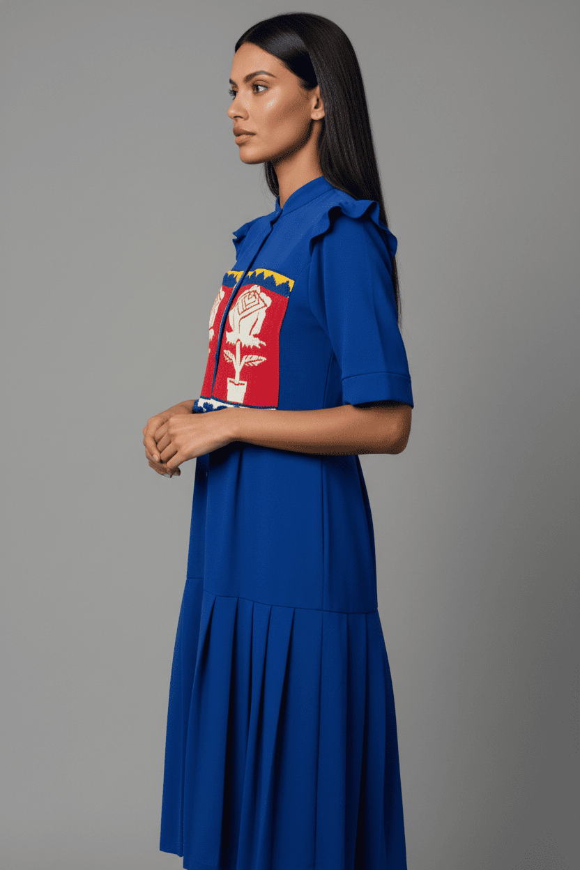 vestido largo color azul rey con bordado artesanal de san pablo tijaltepec oaxaca