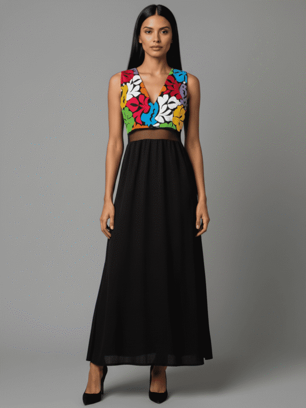 vestido largo negro sin mangas con bordado artesanal de san felipe jalapa de diaz oaxaca
