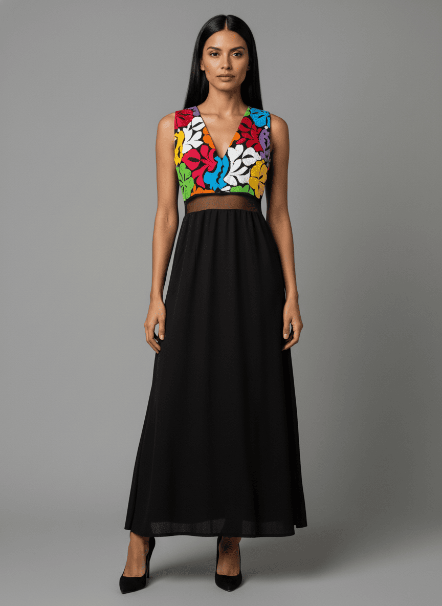 vestido largo negro sin mangas con bordado artesanal de san felipe jalapa de diaz oaxaca