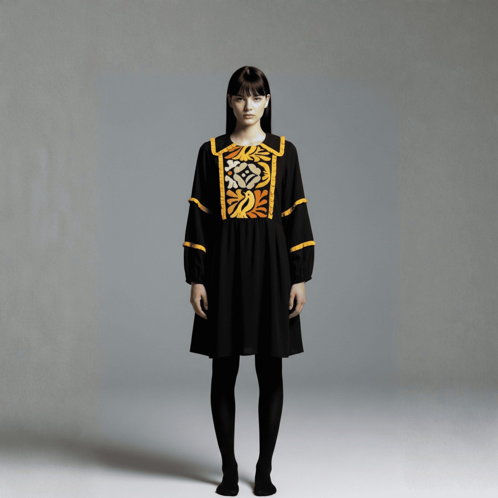 Vestido corto negro de rayón con bordado anaranjado de flores y pajaritos y detalles en olanes.