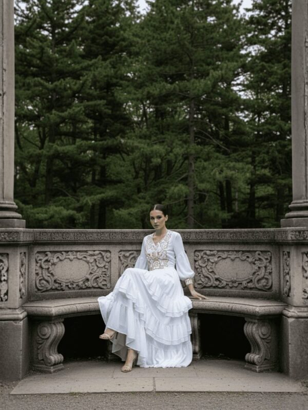 Vestido de novia blanco de chiffon con falda circular de olanes y bordado dorado artesanal del istmo en pechera