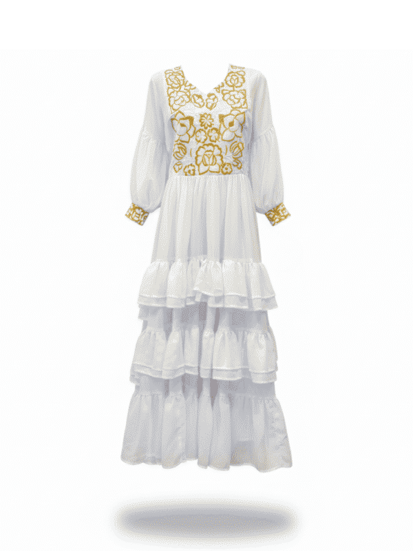 Vestido de novia blanco de chiffon con falda circular de olanes y bordado dorado artesanal del istmo en pechera