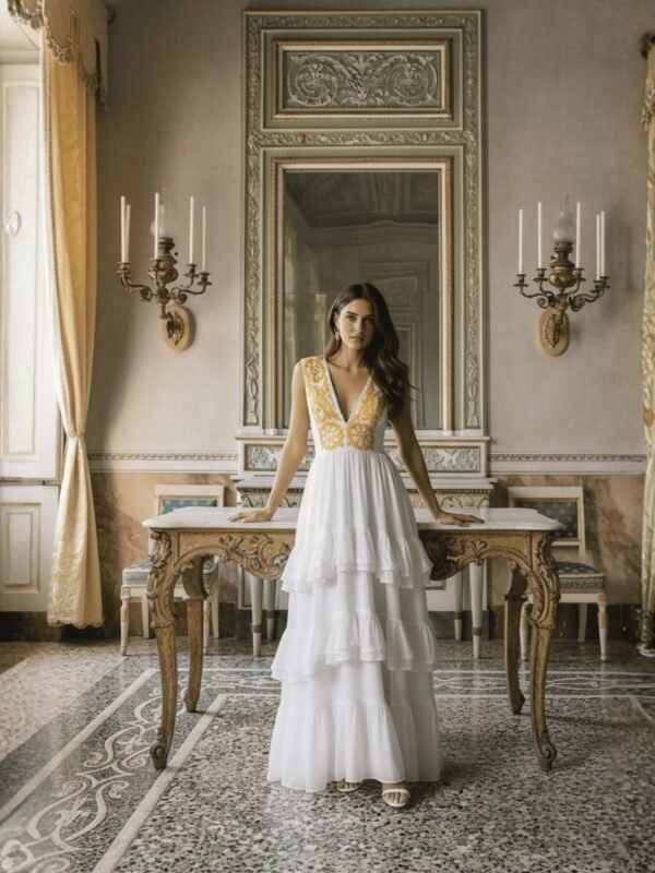 Vestido de novia artesanal blanco con bordado dorado hecho a mano por artesanas de jalapa de diaz en pechera