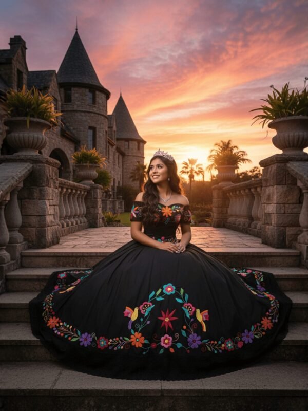 Vestido de XV años negro con falda circular y bordado artesanal multicolor