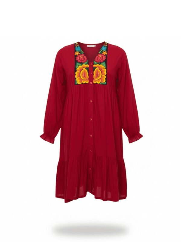 Vestido camisero con bordado de flores del Istmo de Tehuantepec en pechera