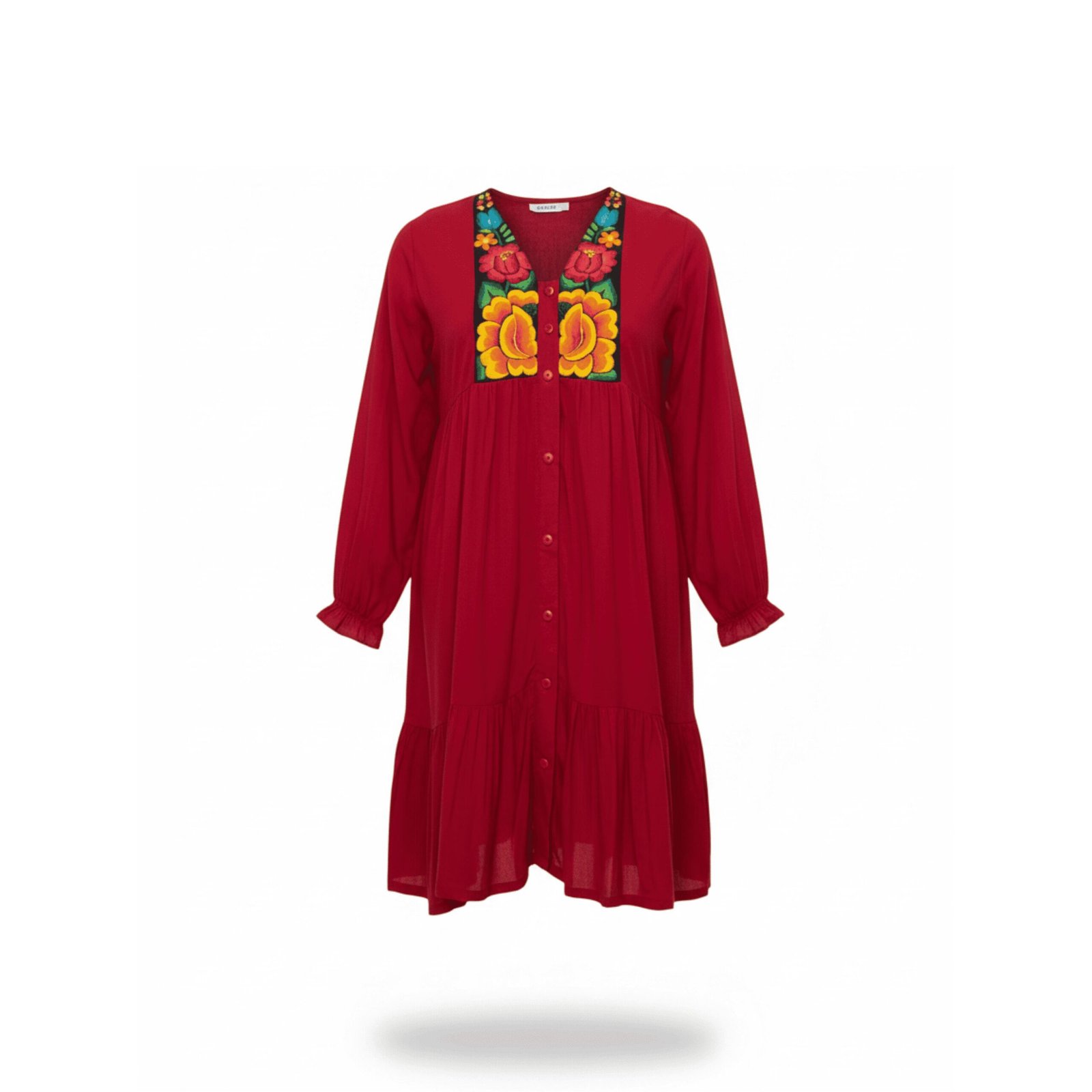 Vestido camisero con bordado de flores del Istmo de Tehuantepec en pechera