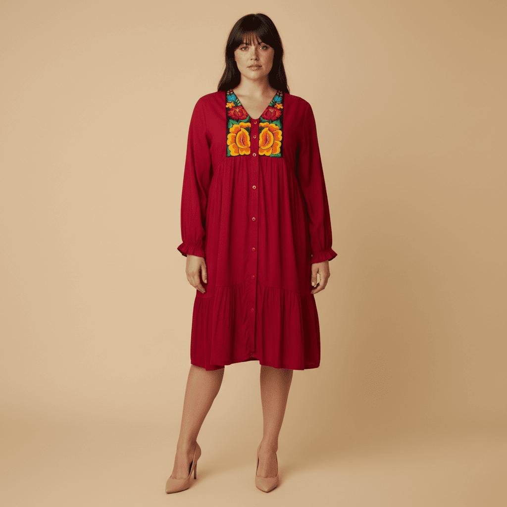 Vestido camisero con bordado de flores del Istmo de Tehuantepec en pechera